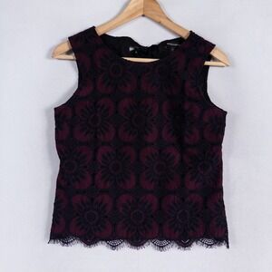 Banana Republic Top Blouse XS PETITE Burgundy Black Floral Lace Sleeveless